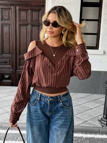SHEIN Unity 2025秋冬新款露肩系领条纹短袖女式衬衫，咖啡棕色条纹百搭通勤风露肩短款上衣，适合户外、秋冬、户外通勤穿着。 - 咖啡棕 - 查看 4