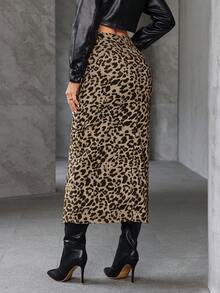 SHEIN Essnce Women's Fashionable Commuter Leopard Print Denim Mini Skirt - Coffee Brown - View 2