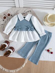 SHEIN Playful Pals 女婴休闲撞色蝴蝶结装饰衬衫和裤子套装，秋季 - 藍色 - 查看 1