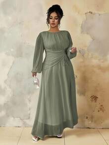 Roveilla Plus Size Women's Spring/Summer French Romantic Sicily Elegant Casual Commute Vacation Christmas Party Solid Brown Round Neck Ruched Waist Drawstring A-Line Elastic Waist Long Sleeve Maxi Dress Dress Modest Sage Green Dress Formal Sage Green Bridesmaids Dress Mother Of Groom Dress Long Sleeve Elegant Dress - Army Green - View 5