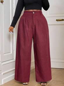 SHEIN PETITE CURVE Quần tây ống đứng kẻ caro dáng vintage cỡ lớn, thích hợp cho mùa thu đông, lễ tốt nghiệp, tựu trường, hoặc dành cho nữ giáo viên. - Màu Đỏ Sâu - Xem 3