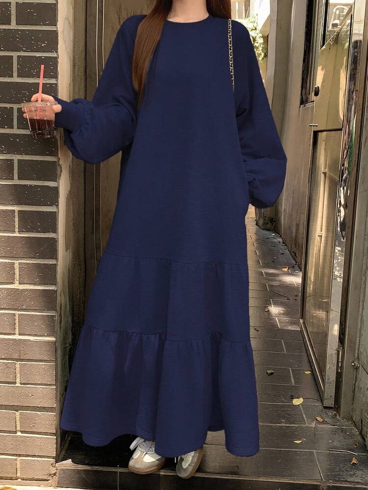 Women's Solid Color Minimalist Daily Wear Round Neck Long Sleeve Dress