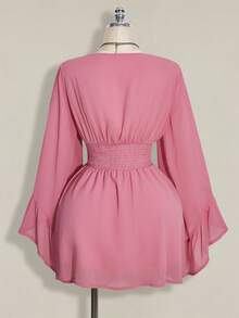 SHEIN ICON Plus Size Pink V-Neck Ruched Waist A-Line Dress With Flare Sleeves,Boho,Hippie,Y2K Style,Summer Holiday,Nomadic Vibe,Music Festivals & Back To School - Baby Pink - View 2