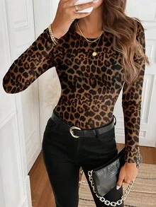 Easowa 复古印花圆领紧身网纱面料休闲通勤优雅女式衬衫，秋冬季，休闲款 - 彩色 - 查看 6