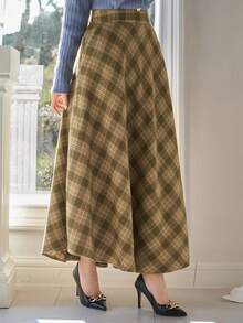 DAZY Women's High Waist Plaid Retro A-Line Skirt - Green - View 4
