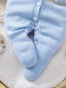 SHEIN Baby Boy Clothing Cute Blue Autumn Birthday One-Piece Crawling Suit,Diamond Pattern Long-Sleeved Knitted Sweater Romper For Parties,Christmas,Soft - Blue - View 9