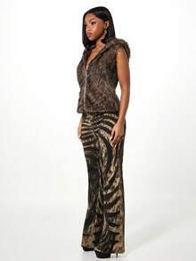 SUMWON WOMEN 人造毛皮连帽背心无袖外套拉链前开襟冬季叠穿单品秋季时尚马甲保暖舒适外套 - 棕色 - 查看 4