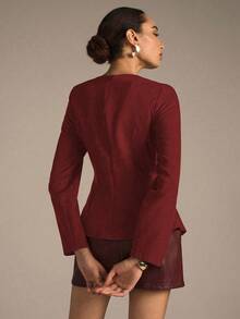 Modelyn Woven Non-Stretch Black Long Sleeve Metal Button Fitted Outdoor Blouse, Fashionable & Elegant For Women - Red - View 2