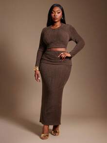 SHEIN SXY Plus Size Women's Tight Brown Round Neck Long Sleeve T-Shirt And Folded Waist Skirt Two Pieces Set - Brown - View 3