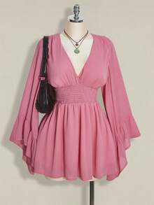 SHEIN ICON Plus Size Pink V-Neck Ruched Waist A-Line Dress With Flare Sleeves,Boho,Hippie,Y2K Style,Summer Holiday,Nomadic Vibe,Music Festivals & Back To School - Baby Pink - View 1