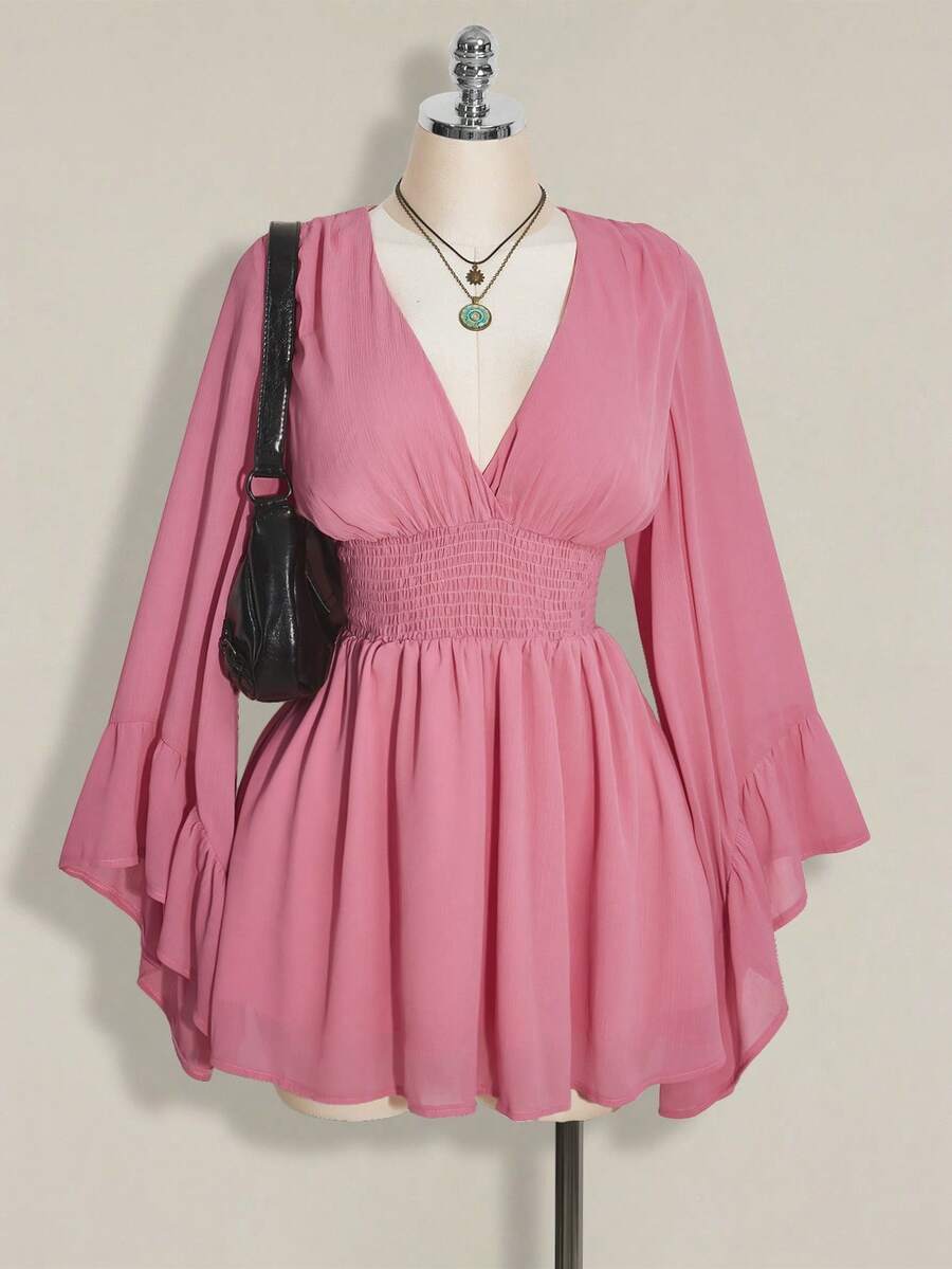 SHEIN ICON Plus Size Pink V-Neck Ruched Waist A-Line Dress With Flare Sleeves,Boho,Hippie,Y2K Style,Summer Holiday,Nomadic Vibe,Music Festivals & Back To School - Baby Pink - View 1