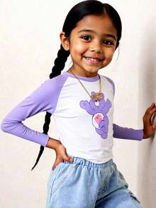 SHEIN X Care Bears 少女熊印花拼色插肩袖长袖 T 恤 - 紫色 - 查看 1