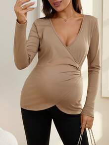 SHEIN Pregnant Women's Sports Long Sleeve Deep V-Neck Criss-Cross Drawstring Bowknot T-Shirt - Brown - View 5