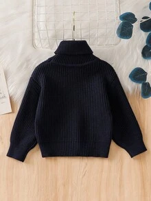 SHEIN Vintaside Kids Áo len cổ lọ trơn màu đa năng thường ngày cho bé gái, mùa thu/đông - Màu xanh hải quân - Xem 2