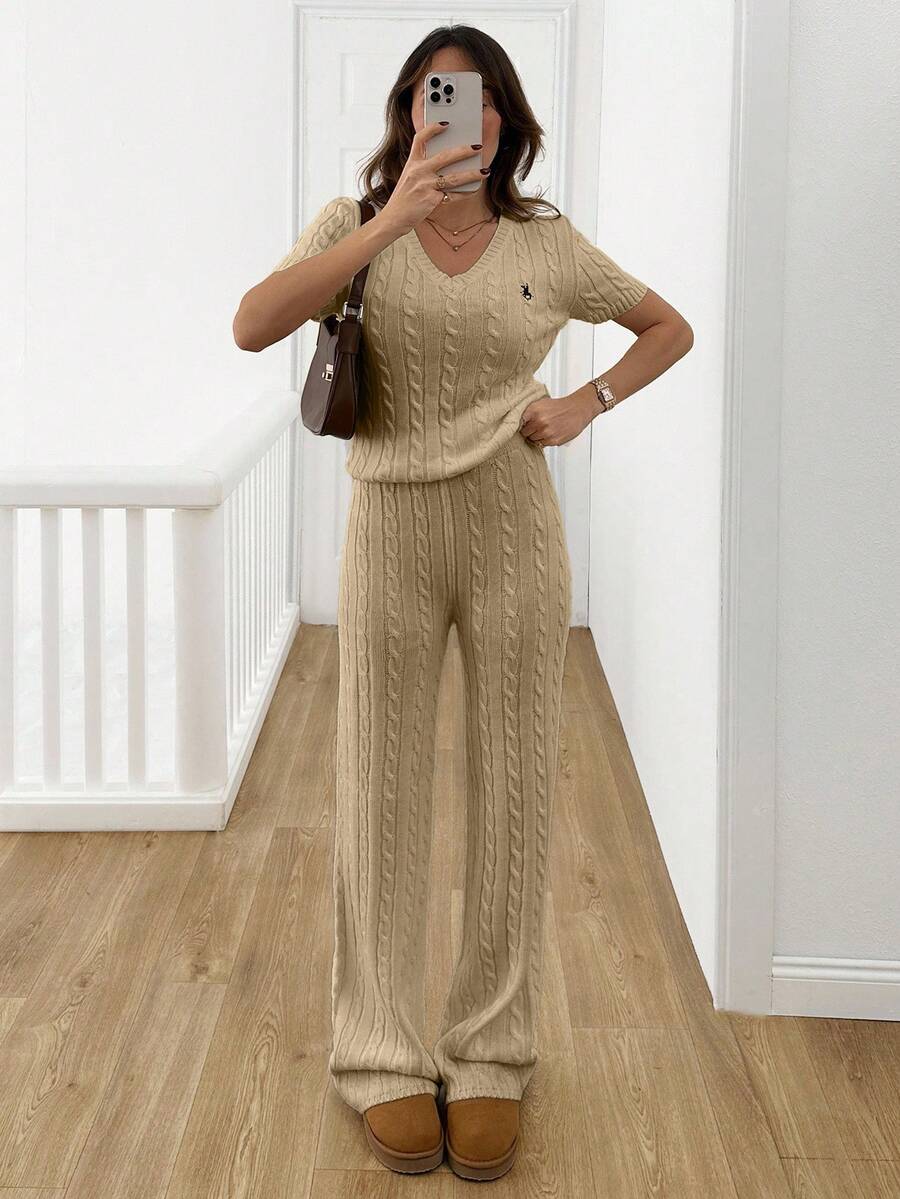 EURMUSE Women's Cable Knit Co-Ords Set - V-Neck Short-Sleeve Fitted Top With Ribbed Trim And High-Waisted Wide-Leg Lounge Pants In Soft Ivory White And Embroidery - Khaki - View 1