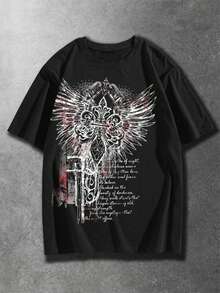 ROMWE MEN Men's Gothic Cotton Cross & Wing Print T-Shirt - Black - View 1