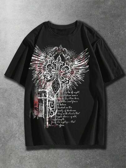 Camiseta de algodón para hombres con estampado de cruz y alas