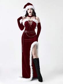 ROMWE Gothic Style Velvet Patchwork Fur Trim High Slit Fitted Dress - Burgundy - View 6