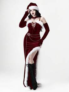 ROMWE Gothic Style Velvet Patchwork Fur Trim High Slit Fitted Dress - Burgundy - View 8