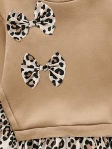 Babygirl Cute Knit Patchwork Leopard Print Long Sleeve Dress, Autumn/Winter - Khaki - View 2