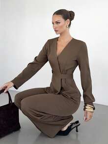 Siren Gaze 女士棕色通勤套装，秋冬季 - 棕色 - 查看 3