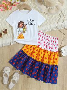 Young Girl Lantern Girl Print T-Shirt & Colorful Rose Print Patchwork Skirt 2 Pieces Set, Suitable For Daily, Vacation, Outing And Formal Occasions Young Girls - Multicolor - View 4