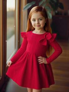 Emery Rose Kids Emery Rose Kids 年轻女孩纯色蝴蝶结装饰天鹅绒针织荷叶边饰天鹅绒 A 字连衣裙，优雅长袖蛋糕连衣裙，非常适合秋冬季休闲、日常穿着和日常上学，适合圣诞节、度假、母女搭配、绿色、圣诞节、派对穿着、生日礼服、公主裙。 - 紅色 - 查看 3