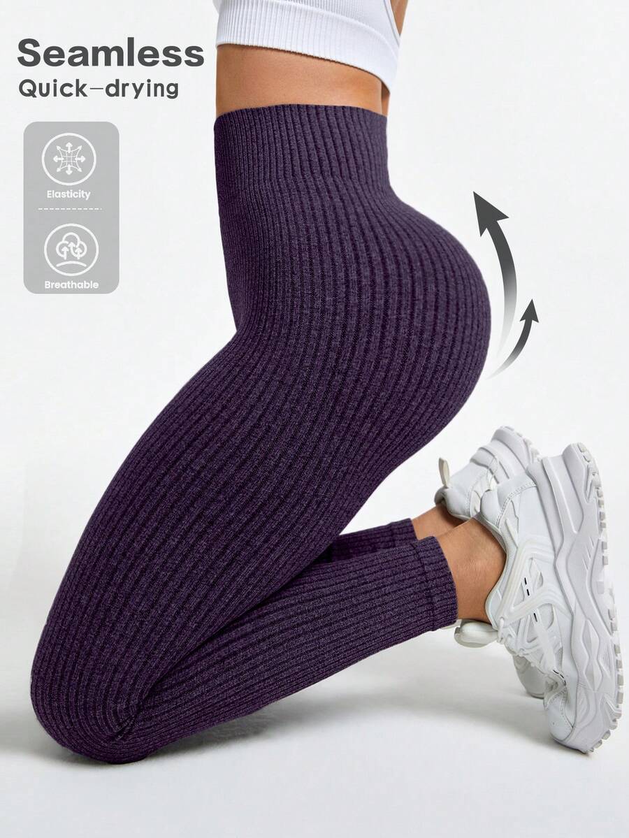 Slayform Women's Solid Color High Waist Ribbed Seamless Yoga Leggings,Quick-Drying Breathable Gym Pants For Pilates,Fitness & Sport - Bold Plum - View 1