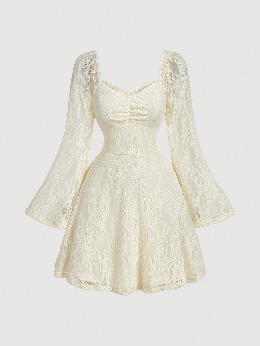 SHEIN MOD Elegant Lace Flounce Sleeve Ruffle Trim Dress - Beige - View 1