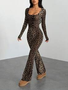 SHEIN PETITE Women's Autumn Leopard Print Square Neck Long Sleeve Flared Fashion Jumpsuit ,Petite Women - Brown - View 7