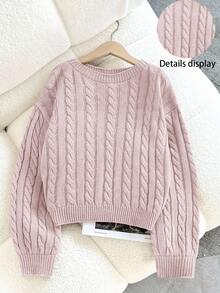 SHEIN Firerie Kids Tween Girl Casual Solid Color Dropped Shoulder Loose Textured Knit Cropped Sweater, Autumn/Winter - Baby Pink - View 6
