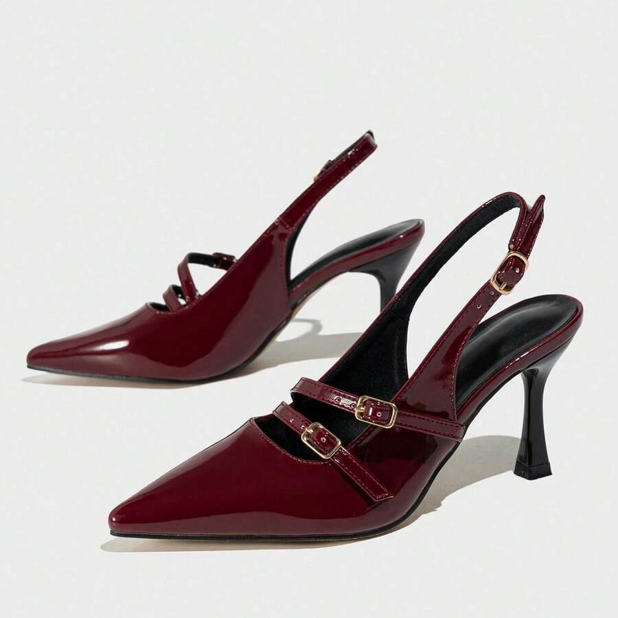 Arco del triunfo Baotou marizhen sandalias nuevas mujeres gatos puntiagudos y finos con cinturones de hebillas en una palabra en el aire, Zapatos de tacón de mujer - Burdeos - Ver 1