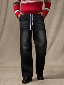 RivetRise Quần denim cạp cao có túi xéo, giặt nước, thường ngày cho nam, mùa thu - màu đen - Xem 4