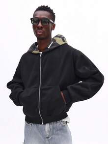 Áo hoodie SUMWON dáng rộng, khóa kéo toàn thân, lót mũ họa tiết rằn ri và túi trước, thích hợp cho phong cách đường phố mùa đông thường ngày. - màu đen - Xem 6