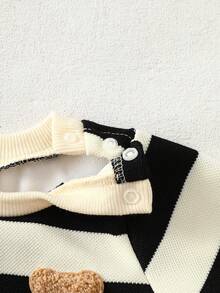 SHEIN 新生男宝宝黑白条纹圆领长袖泰迪熊图案连体衣，时尚休闲简约又可爱