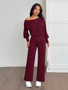 SHEIN PETITE 娇小女款纯色不对称领休闲连体裤，长袖 - 酒紅色 - 查看 5