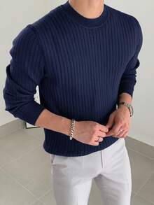 DAZY Men's Casual Everyday Commute Simple Solid Color Ribbed Knit Sweater, Autumn/Winter - Navy Blue - View 3