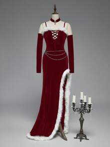 ROMWE Gothic Style Velvet Patchwork Fur Trim High Slit Fitted Dress - Burgundy - View 10