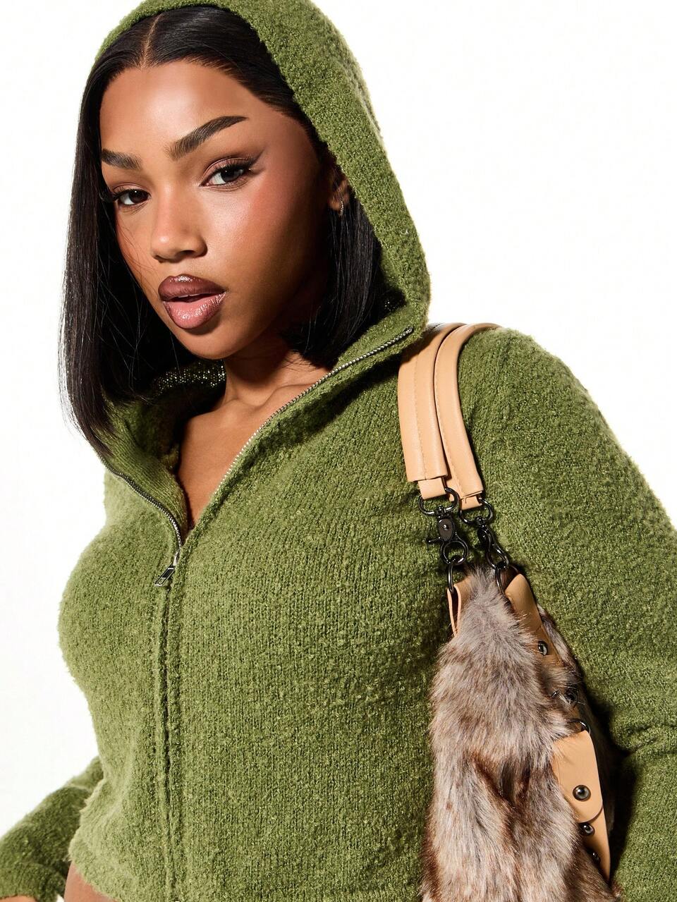 SUMWON Textured Knit Cropped Zip Through Hooded Cardigan With Fuzzy Fleece Fabric And Long Sleeves For Fall Winter Layering