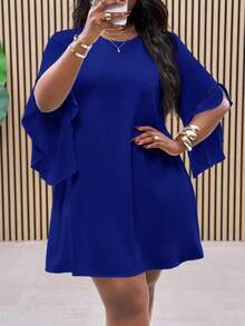 Slaydiva 加大码白色A字中长连衣裙，蝙蝠袖设计，适合春夏休闲通勤穿着 - 藍色 - 查看 7