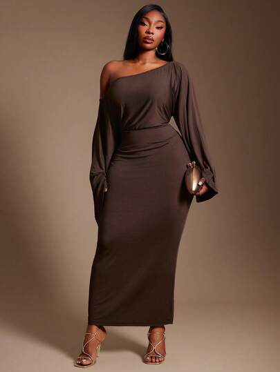 Radiana Plus Size Women Sexy & Elegant Asymmetric Neck Versatile Waist Cinched Vacation Dress Chocolate Brown Earthy,Two Ways To Wear,Suitable For Banquet,Feast,Dinner Party,Prom,Ball,Urban,Sexy Office Siren,Cruise Attire,Vintage,Festival,Concert,Carnival,Outing,Richly Layered,Holiday,Date Night,Gathering,Birthday,Bachelorette Party Outfit ,Cocktail,Formal Event,Modest,Chic,NightClub,Cute,Casul,Going Out, ,Accent Your Body,Flatter The Figure,Flattering Silhouette,/Christmas Dress