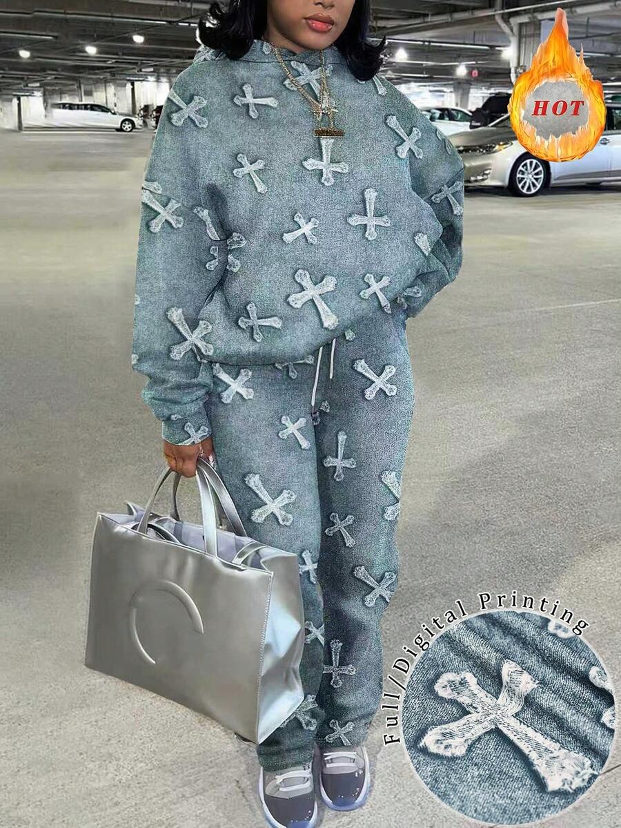 Rovax 女士宽松时尚街头服饰,仿牛仔印花,Y2k 女装,时尚,时尚女士两件套西装,街头十字印花连帽衫和直筒裤运动衫套装 - 彩色 - 查看 1