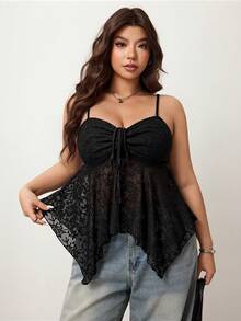 Enliva 加大码正面抽绳蝴蝶结吊带背心，不对称下摆，Y2K 风格，适合夏季、暑假、毕业季、返校季 - 黑色 - 查看 8