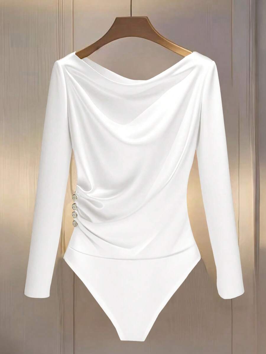 Franclia Women's Minimalist Long Sleeve Side Button Decor Slim Bodysuit For Commuting - White - View 1