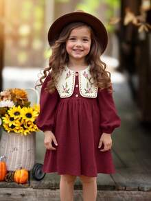 Emery Rose Kids Emery Rose Kids 女童复古碎花图案拼接彼得潘领长袖连衣裙，秋冬季万圣节莱卡长袖连衣裙，日常穿着非常舒适