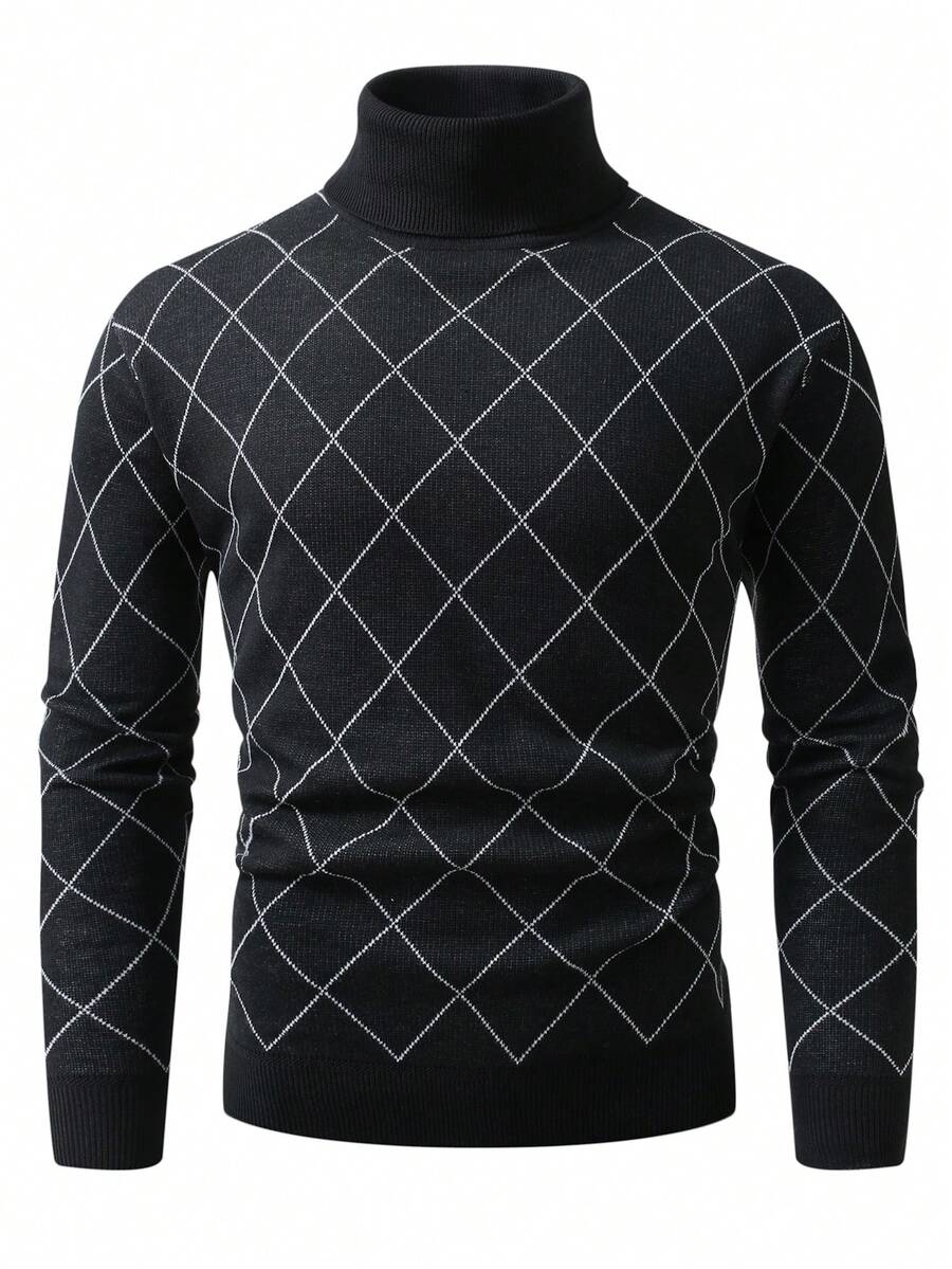 Manfinity Mode Plus Size Men's Plaid Turtleneck Long Sleeve Casual Sweater, Autumn/Winter Men Turtle Neck Men's Sweater - Multicolor - View 1