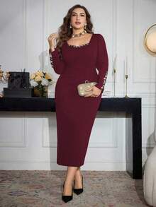 Modelyn 优雅复古彩色奢华水钻链条装饰长袖修身女士奢华时尚连衣裙 - 酒紅色 - 查看 5