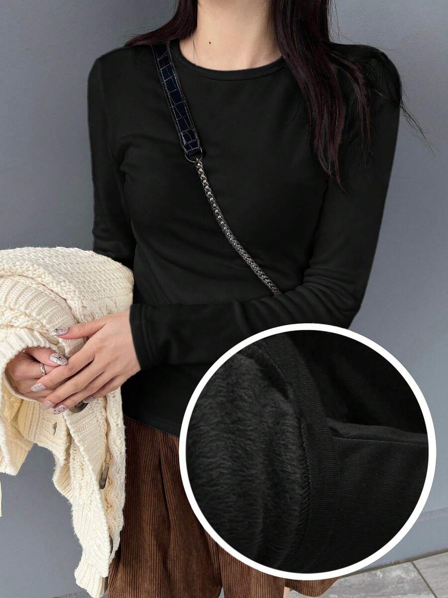 FRIFUL 女士纯色圆领长袖休闲抓绒T恤 - 黑色 - 查看 1