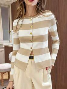 Pariaura 法式休闲风修身圆领长袖黑白条纹针织开衫，女款，春秋季 - 杏色 - 查看 4