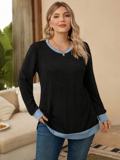 Rosumi 女款大尺碼拼色圓領休閒落肩運動衫